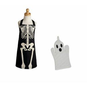 Halloween Skeleton Chef Apron 100% Cotton  CHILD Size PLUS Ghost Oven Mitt